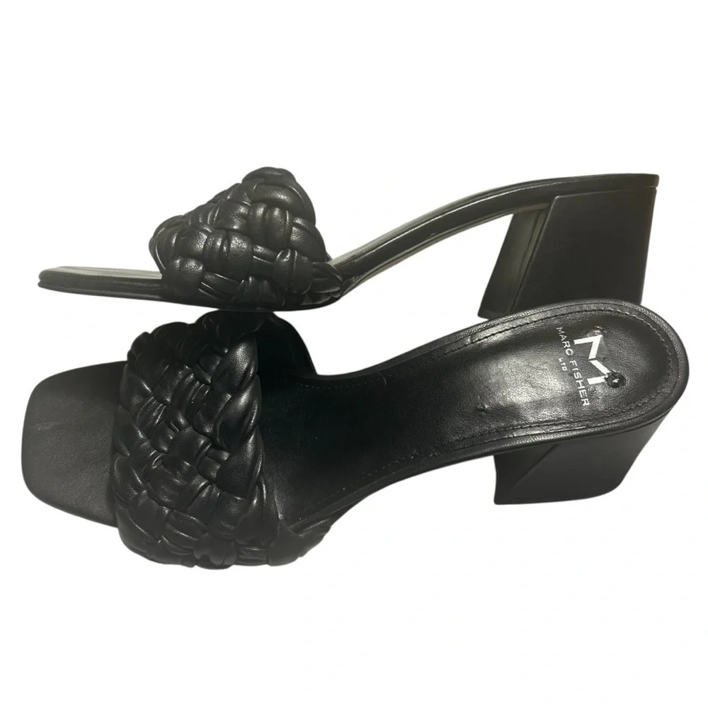 Marc Fisher Nahea Block Heel Black Leather Quilted Slides Sz 9